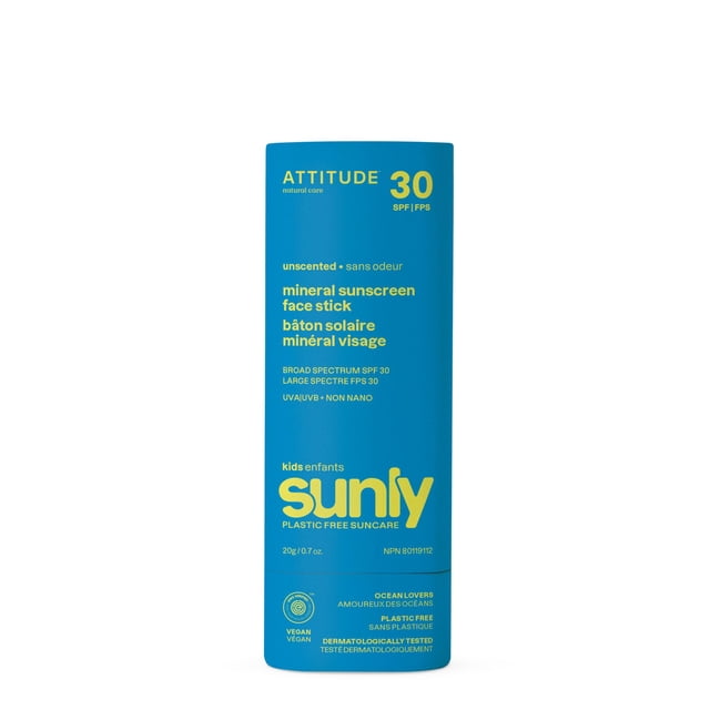 ATTITUDE Protector solar facial mineral en barra para niños SPF 30 EWG , sin plástico, protección UVA/UVB de amplio espectro con óxido de zinc, dermatológicamente probado, vegano, sin perfume, 0,7 on