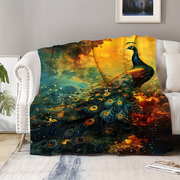Vibrant Peacock Flannel Blanket – Soft, Cozy Throw with Artistic Blue & Green Design, Perfect Gift for Animal Lovers, All-Season Comfort for Home or Outdoors, Peacock Decor