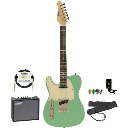 Sawtooth ET Series Electric Guitar with Sawtooth 10 Watt Amp and ChromaCast Accessory Bundle, Sunburst with Aged White Pickguard