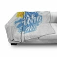 thumbnail image 3 of Aloha Soft Flannel Fleece Throw Blanket, Hand-drawn Lettering and Hibiscus on Blue Watercolor Hawaiian Greeting, Cozy Plush for Indoor and Outdoor Use, 50" x 70", Blue Yellow and White, by Ambesonne, 3 of 6