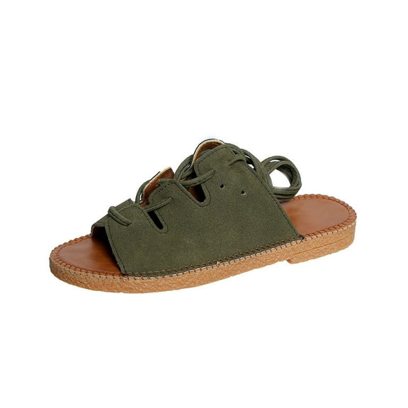 Hopeusnice Flats Shoes for Women Open Toe Breathable Non-Slip Women's Flats Shoes Flat Heel Trendy Flock Summer Shoes Soft Shoes for Beach Round Toe Cross-StrapRound Toe Vacation Shoes Army Green 42