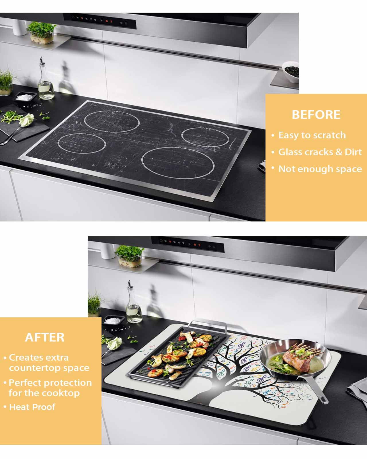 Large Induction Cooktop Protector Mat Music Tree Stove Top Covers for Electric Stove, Modern Abstract Art Note Branches Decorative Stove Burner Cover Mats, Glass Top Stove Cover