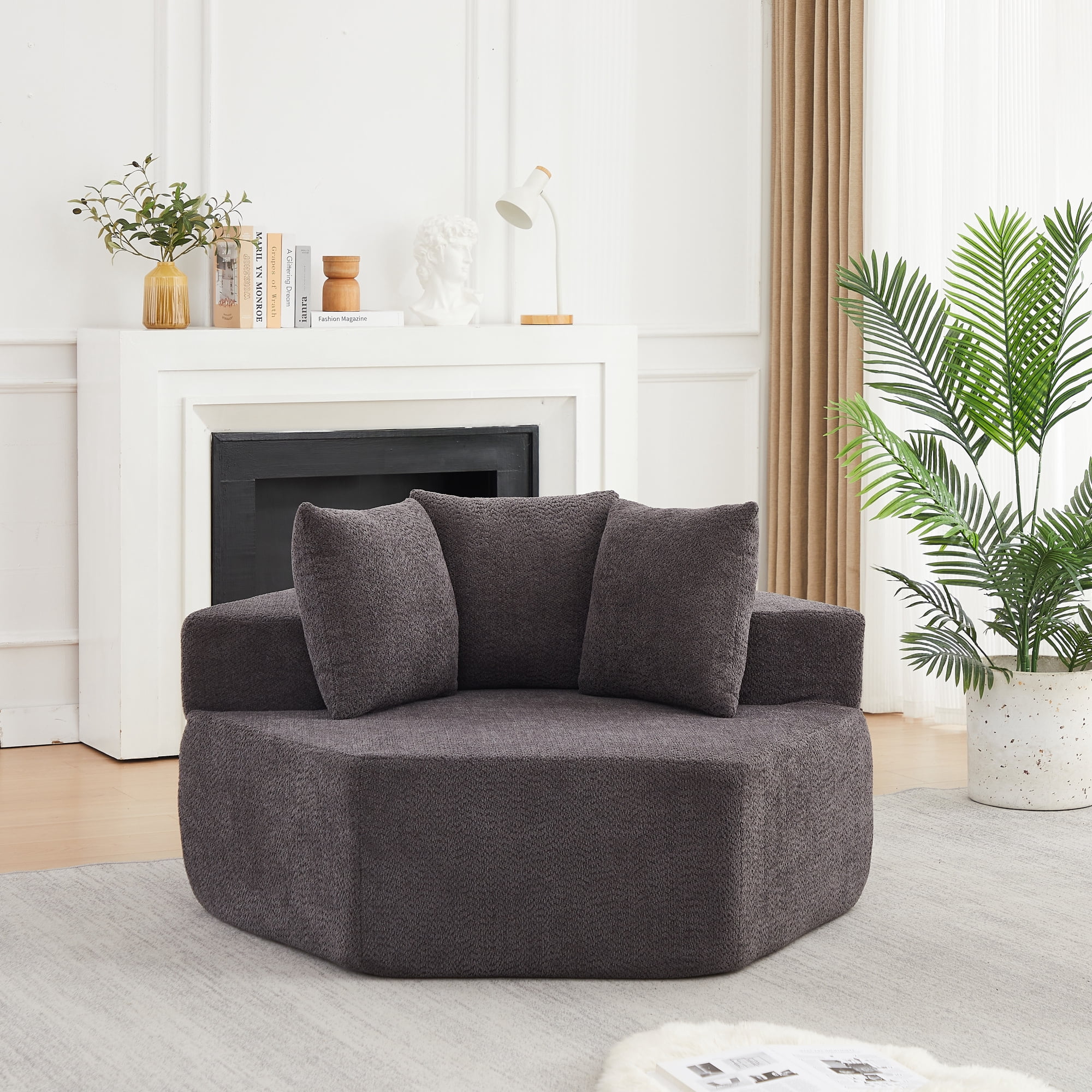 Leumius 54-inch Modern-style Hexagonal Single Lounge Chair, Chenille-Upholstered Sofa for Lounges, Game Rooms, Living Rooms and Bedroom Grey