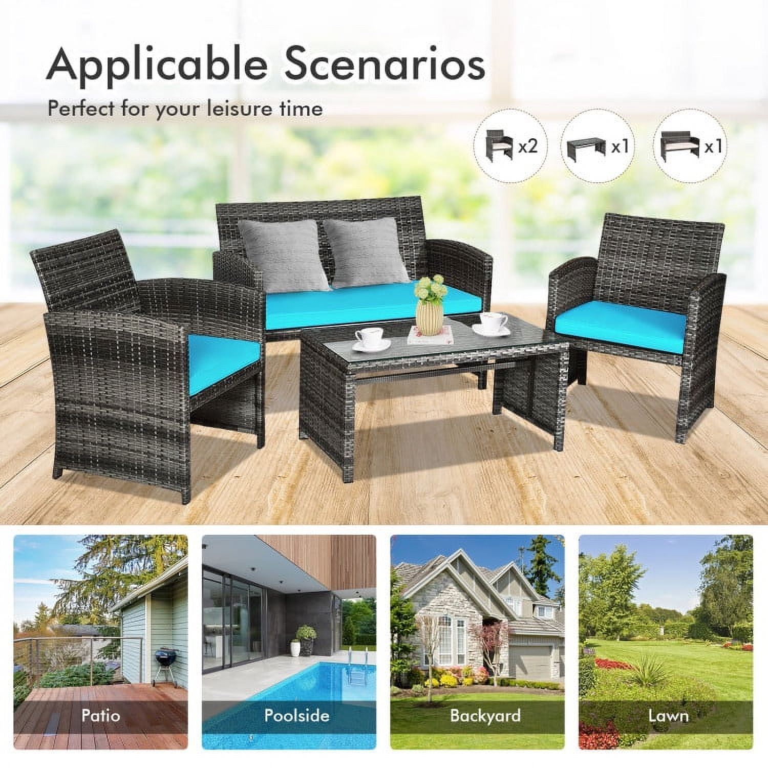 Aimee Lii 4 Pieces Wicker Patio Furniture Set with Cushions, Wicker Outdoor Sectional, Turquoise Aimee Lii 4 Pieces Wicker Patio Furniture Set with Cushions, Wicker Outdoor Sectional, Turquoise