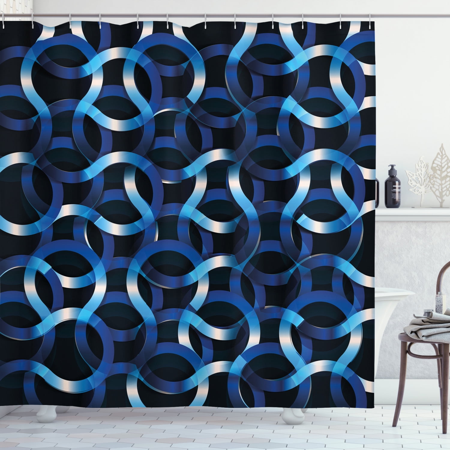 Dark Blue Shower Curtain, Curvy Shaped Entangled Complex Industrial