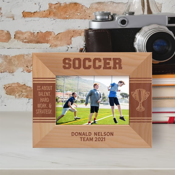 Soccer Is About Talent Hard Work & Strategy Personalized Wooden Frame-5" x 3 1/2" Brown Horizontal