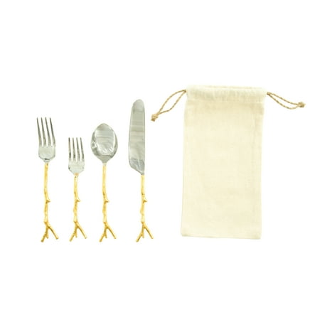 Stainless Steel Flatware Set with Gold Twig Shaped Aluminum Handle (Set of 5 Pieces in Drawstring Bag)