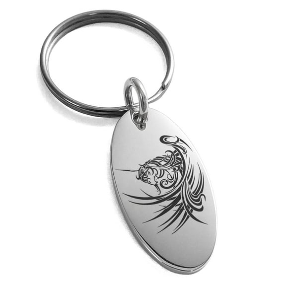 Tioneer Stainless Steel Almighty Alicorn Engraved Small Oval Charm Keychain Keyring