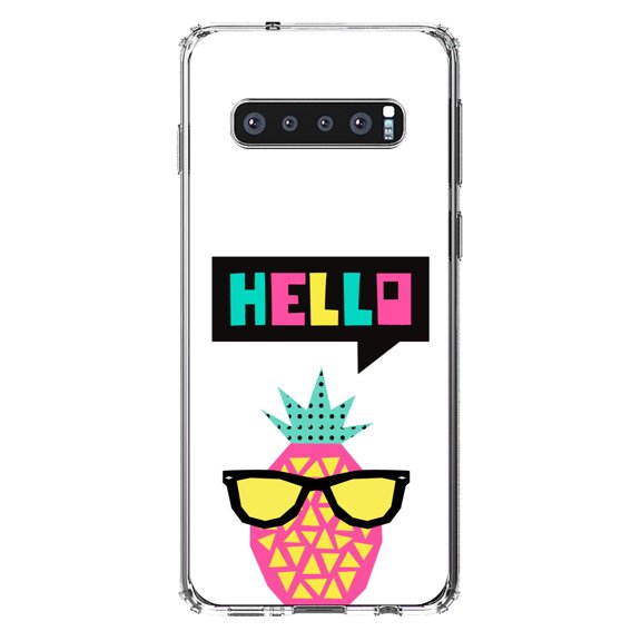 DistinctInk Clear Shockproof Hybrid Case for Samsung Galaxy S10 (6.1" Screen) - TPU Bumper, Acrylic Back, Tempered Glass Screen Protector - Summer Graphics - Hello Cartoon Pineapple