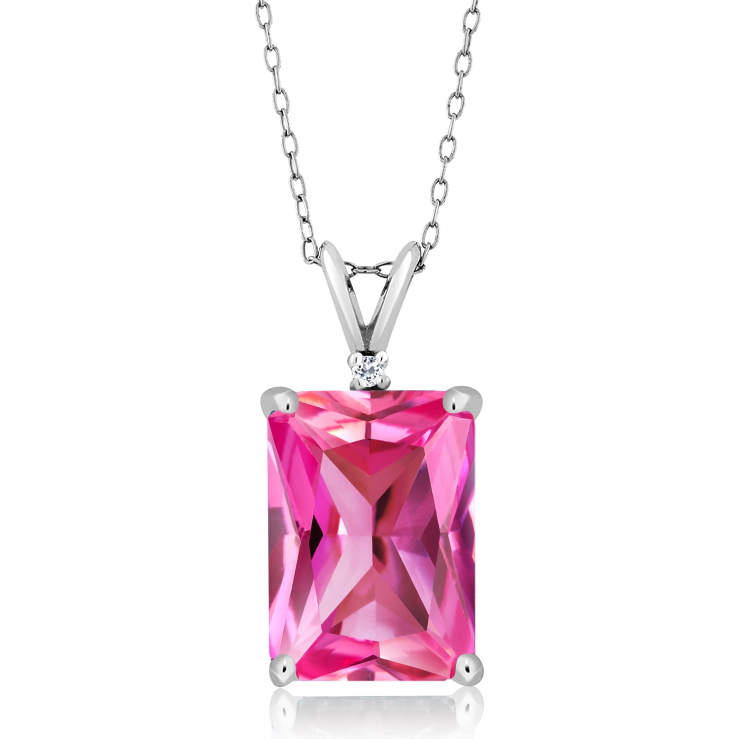 Gem Stone King 925 Silver Pink Created Sapphire and White Topaz Pendant Necklace for Women (10.02 Cttw, Gemstone September Birthstone, Emerald Cut 14X10MM, with 18 inch Silver Chain)