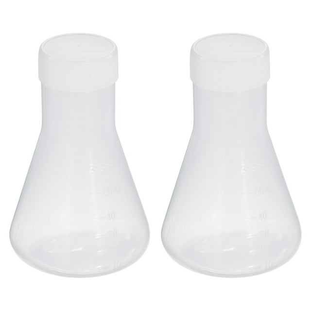 Unique Bargains 50ml Plastic Erlenmeyer Flask with Screw Caps, 2 Pack Narrow Mouth Conical Flask for Laboratory, Clear