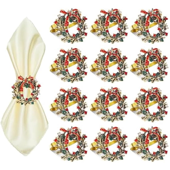 Fu997 Christmas Wreath Napkin Rings Set of 12, Holiday Rhinestone Christmas Napkin Ring Holders for Cloth Napkins, Napkin Buckle for Thanksgiving Holiday Dinner Table Decor