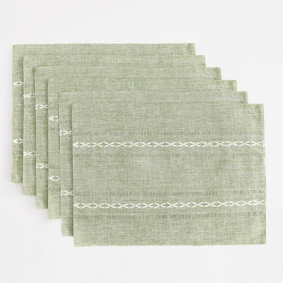 Sage Green Cotton Linen Placemats Set of 6, 12 x 18 Inch Rustic Hemstitch Place Mats for Kitchen Dining Table Decor