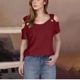 thumbnail image 2 of Staron Women's Casual Off Shoulder Top Eyelet Embroidery Short Sleeve Round Neck Pullover Blouse Shirt, Wine S, 2 of 7