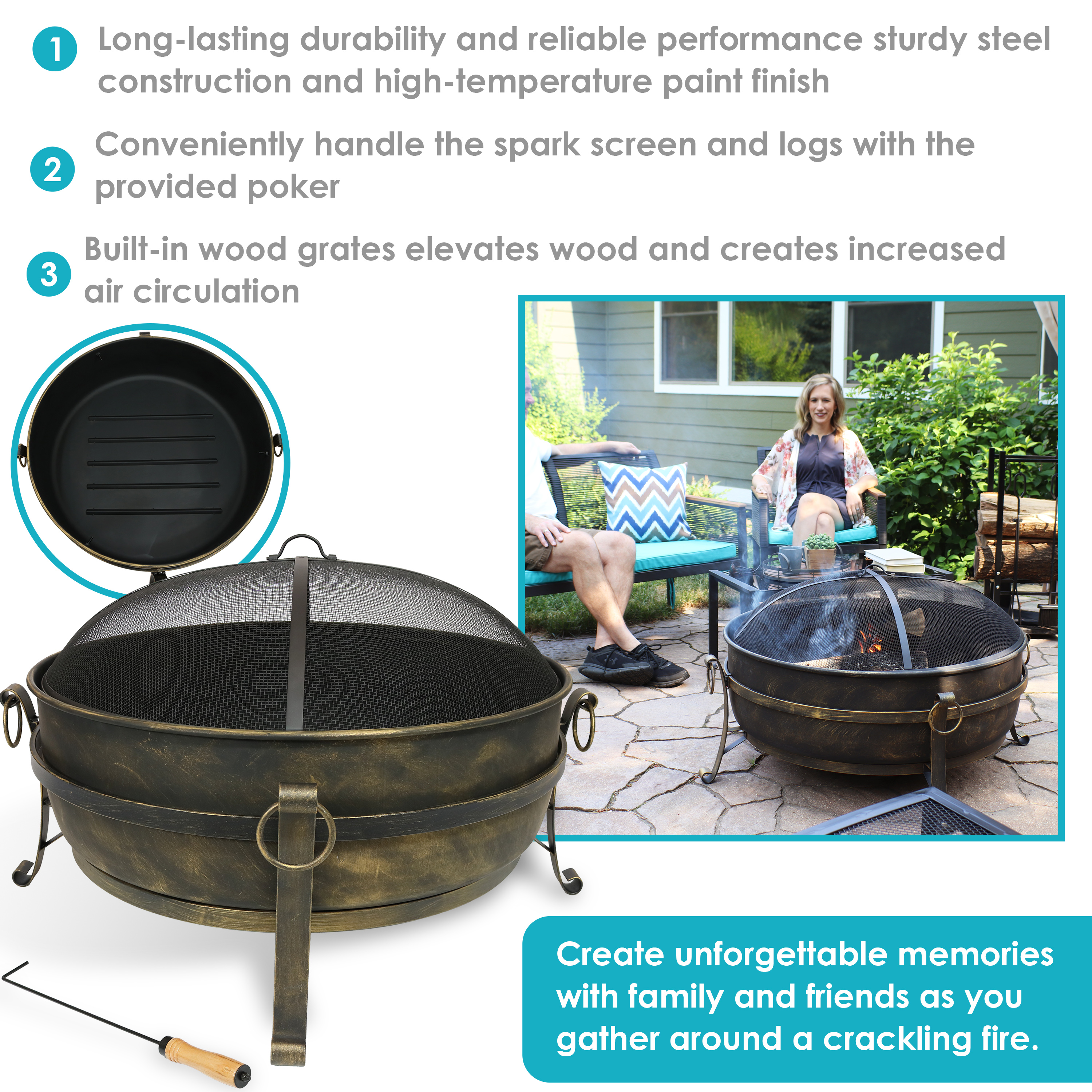 Sunnydaze Large Outdoor Cauldron Fire Pit with Spark Screen - 34" - image 4 of 9