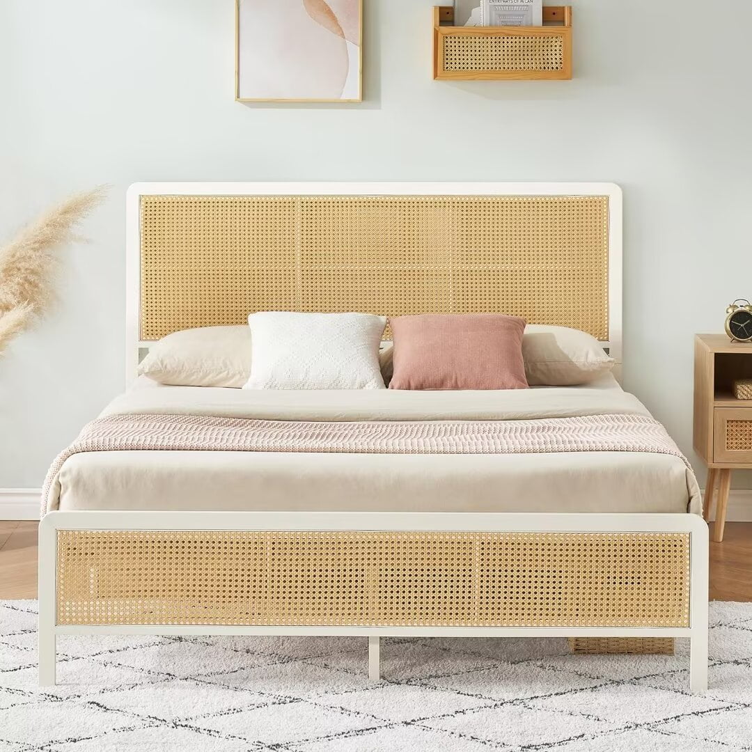 Queen Size Bed Frame with Rattan Headboard and Footboard, Modern Style Boho Bed Frames with Heavy Duty Sturdy Steel Slat Support, No Box Spring Needed