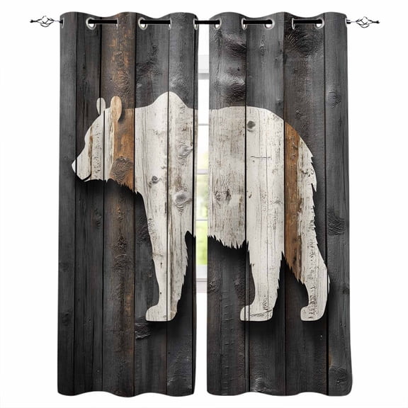 Vintage White Brown Bear Blackout Curtains for Bedroom/Living Room, Thermal Insulated Kitchen Curtains, Retro Country Rustic Wood Grain Grommet Darkening Window Treatment Drapes 52"x84"x2