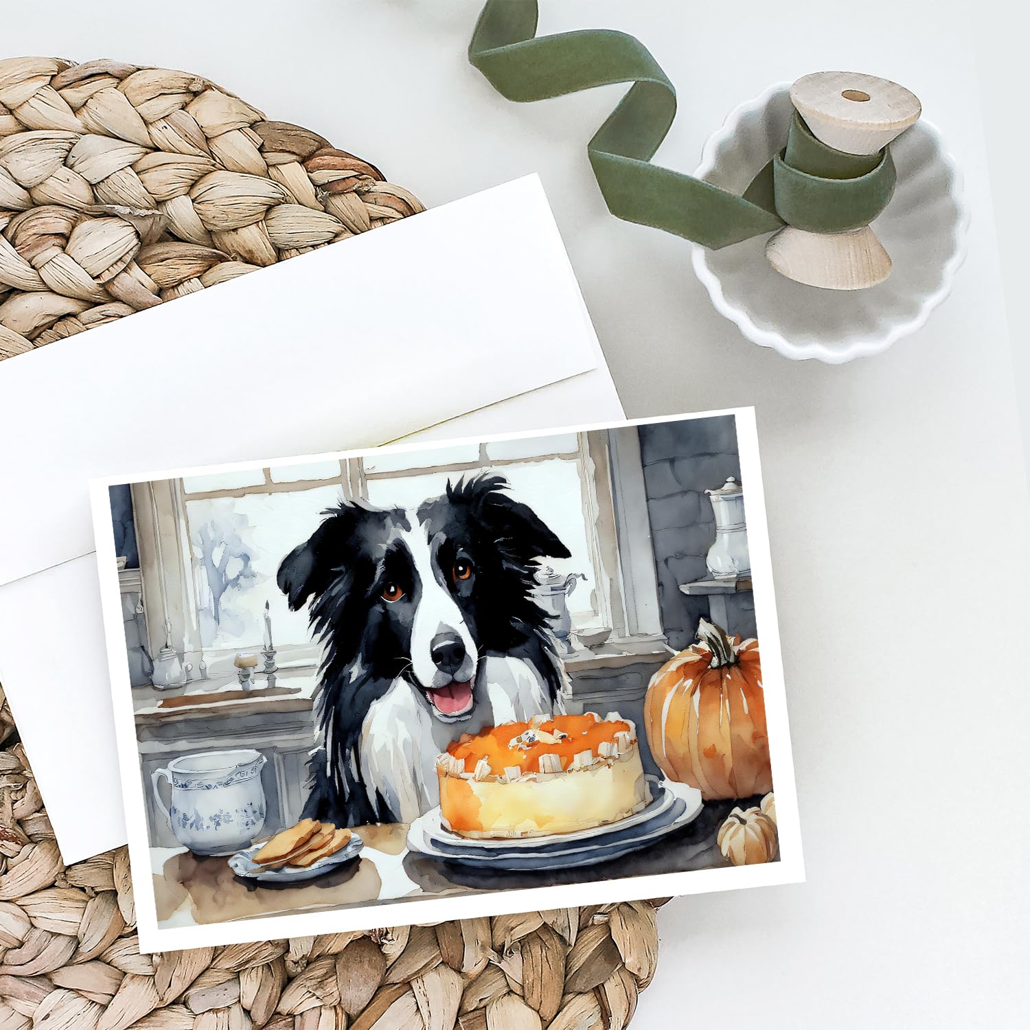 Border Collie Fall Kitchen Pumpkins Greeting Cards and Envelopes Pack of 8 7 in x 5 in