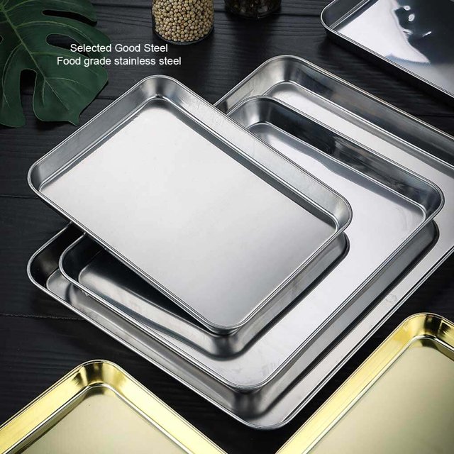 Langgg Stainless Steel Baking Tray Bakeware Pan Serving Plate Rectangle Cake Pastry Cookies Restaurant Metal Dinnerware 31*24cm