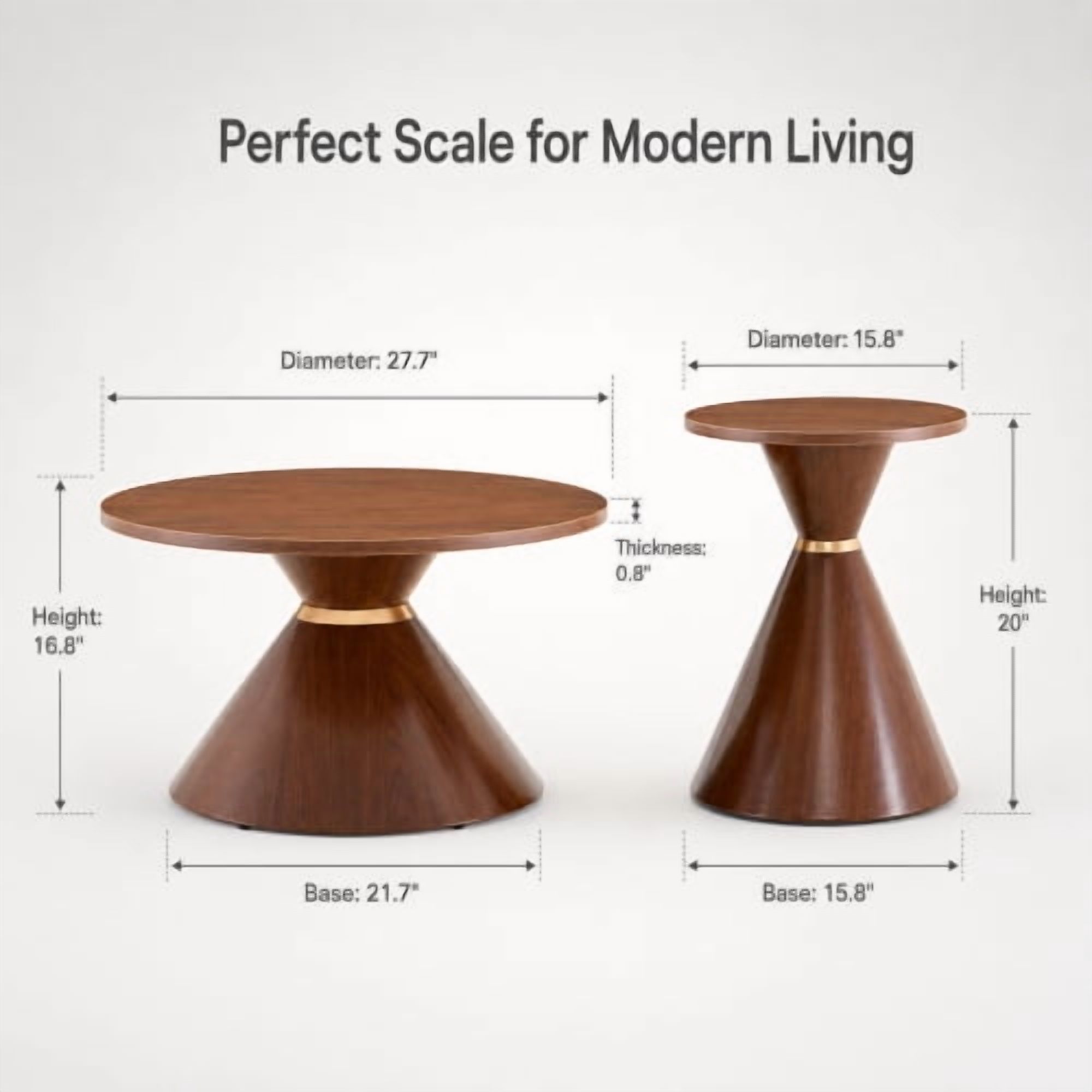 2-Piece Round Nesting Coffee Table Set, Walnut Wood Grain Tabletop with Metal Base, Mid-Century Modern Accent Tables for Living Room Bedroom, Nut Brown