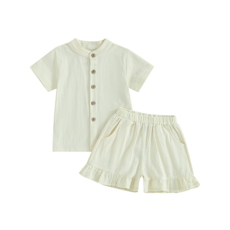 

Mevireiy Toddler Girls Outfits Solid Color Button Down Shirt Tops Elastic Waist Shorts Beige 12-18 Months