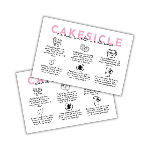 Cakesicle Care Instruction Cards 30pk 4x6 Bakery Cake Pop Storage Customer Packaging Labels Ingredient Warning Allergies Thank You Order Form