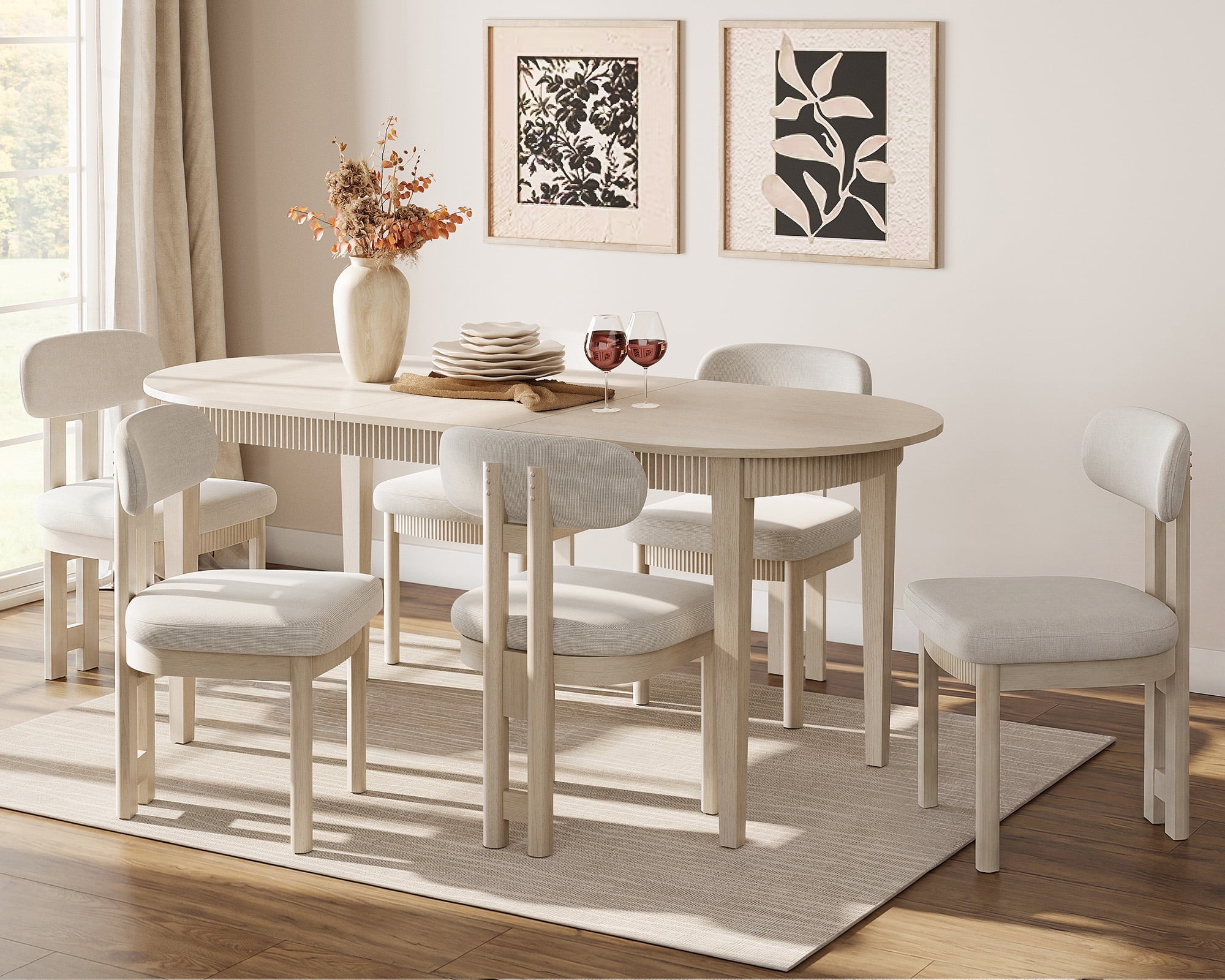 7 Piece Modern Dining Table Set, 73" Solid Wood Oval Dining Table with 6 Polyester Chairs, Dining Set with Fluted Apron for Kitchen & Dining Room