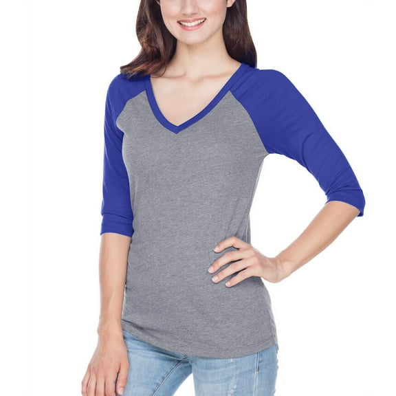 Kavio! Junior Sheer Jersey Contrast V Neck Raglan 3/4 Sleeve Dark H.Gray/Cobalt Blue S