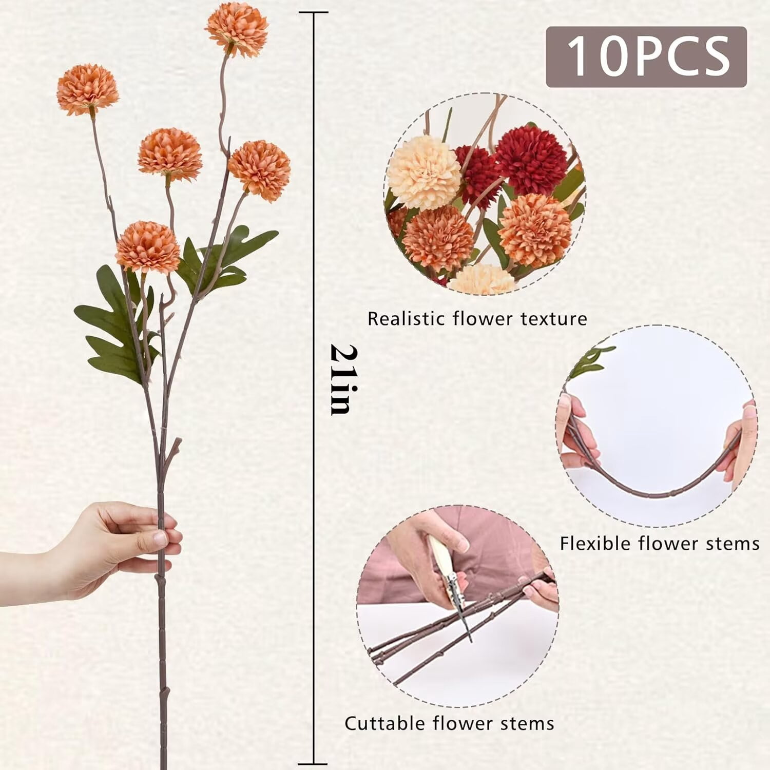 Pakyozj 10pcs Fake Silk Pompon Mum Artificial Flowers, Bulk Faux Mini Chrysanthemums, for Centerpieces Wedding Fillers Champagne Arrangements Boho Decor, No vase