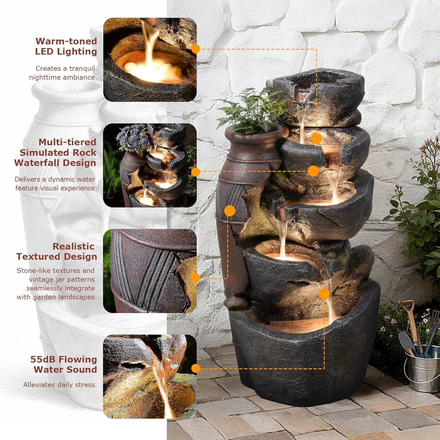 5 Tiered Rock Water Fountain Outdoor with Vintage Jar, Cascading Waterfall Fountain with LED Lights, Outdoor Fountains for Garden or Patio, Yard, and Deck Decor, 16.5" L x 12.6" W x 31.7" H