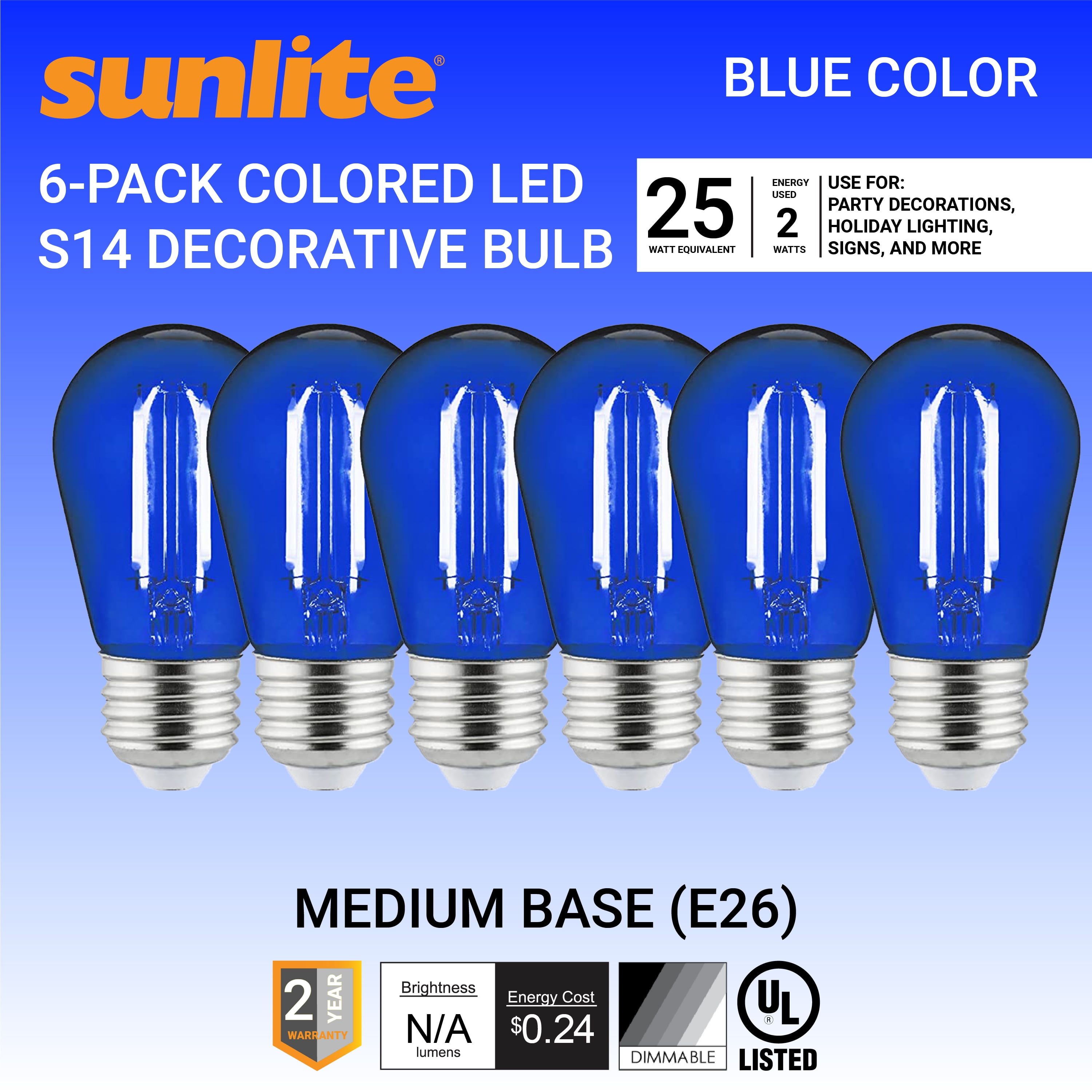 Sunlite LED S14 String Light Bulb, 2 Watts (25W Equivalent), Medium E26 Base, Party Decoration