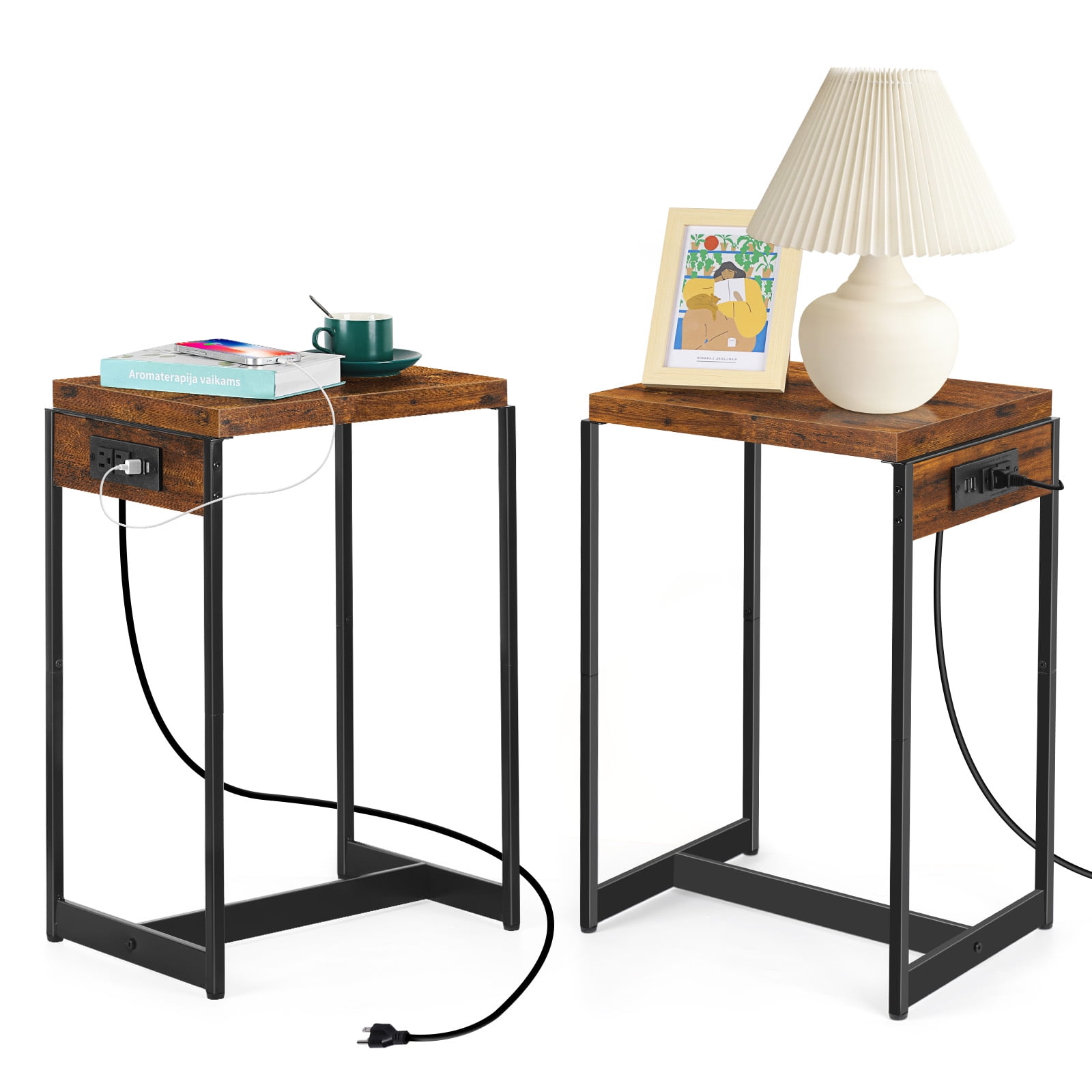 Oumilen Adult Modern Nightstands Narrow Side Table End Table with USB Ports and Outlets, Rustic Brown, Set of 2
