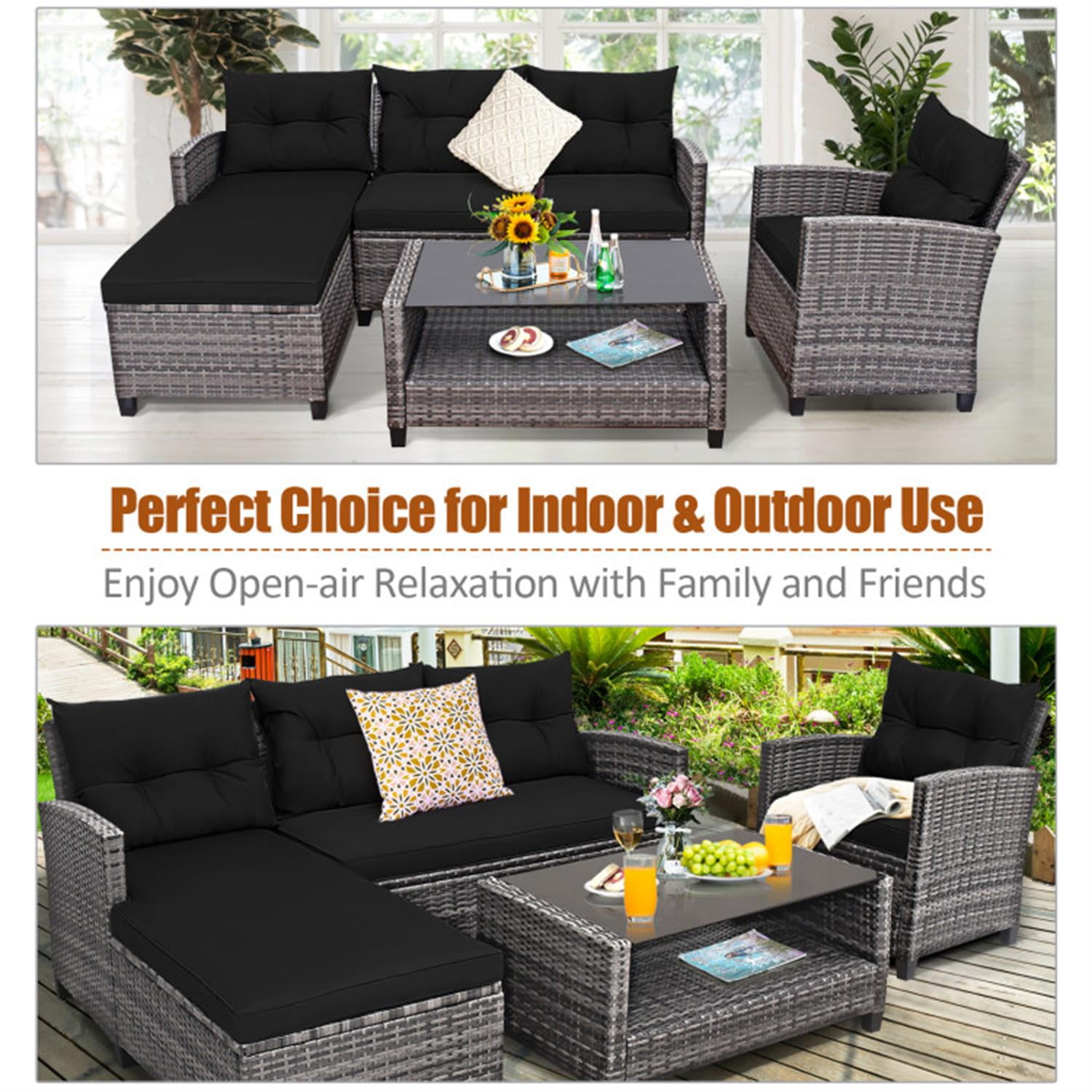 Demi Bonn 4 Pieces Patio Furniture Set Rattan Sofa with Cushion and 2-Tier Coffee Table for Yard, Pool or Backyard, Black