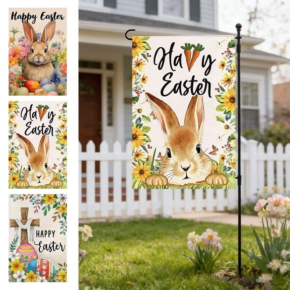 AZXY Happy Easter Garden Flag 12x18 Inch, Double-Sided Linen Bunny with Easter Eggs Floral Print Waterproof Weather-Resistant Yard Flag for Spring Outdoor Garden Decorations
