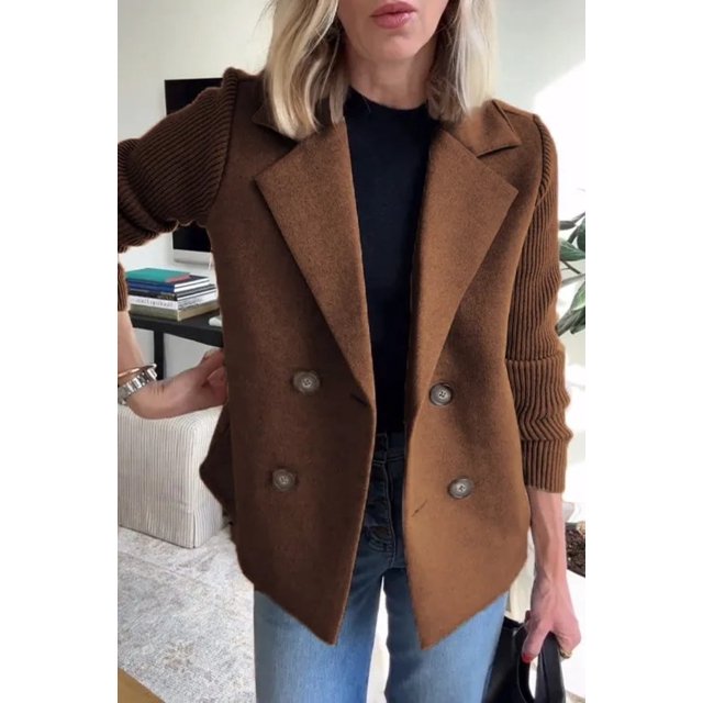 Women's Spring Wool Blend Double-Breasted Coat Solid Color Regular Fit Long Sleeve Suit Jacket Brown