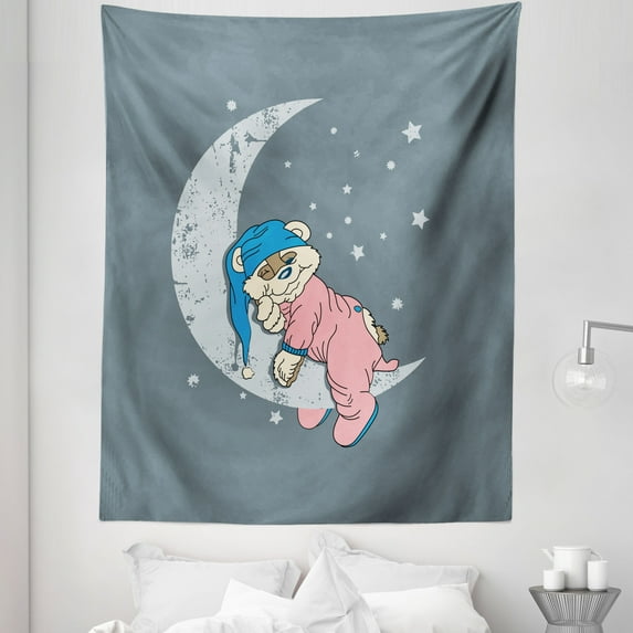Bear Tapestry, Design with a Bear in Pajamas Sleeping on the Grungy Moon, Fabric Wall Hanging Decor for Bedroom Living Room Dorm, 5 Sizes, Bluegrey Beige Pink, by Ambesonne