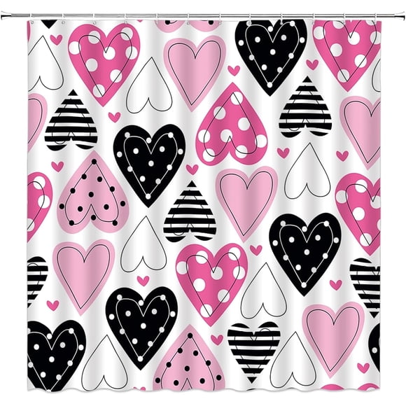Valentine''s Day Shower Curtain Pink Black Heart Romantic Sweet Love Modern Boho Geometric Colorful Fashion Lover Couple 70x70(WxH) Inch Bathroom Decor Fabric Curtain with Hooks