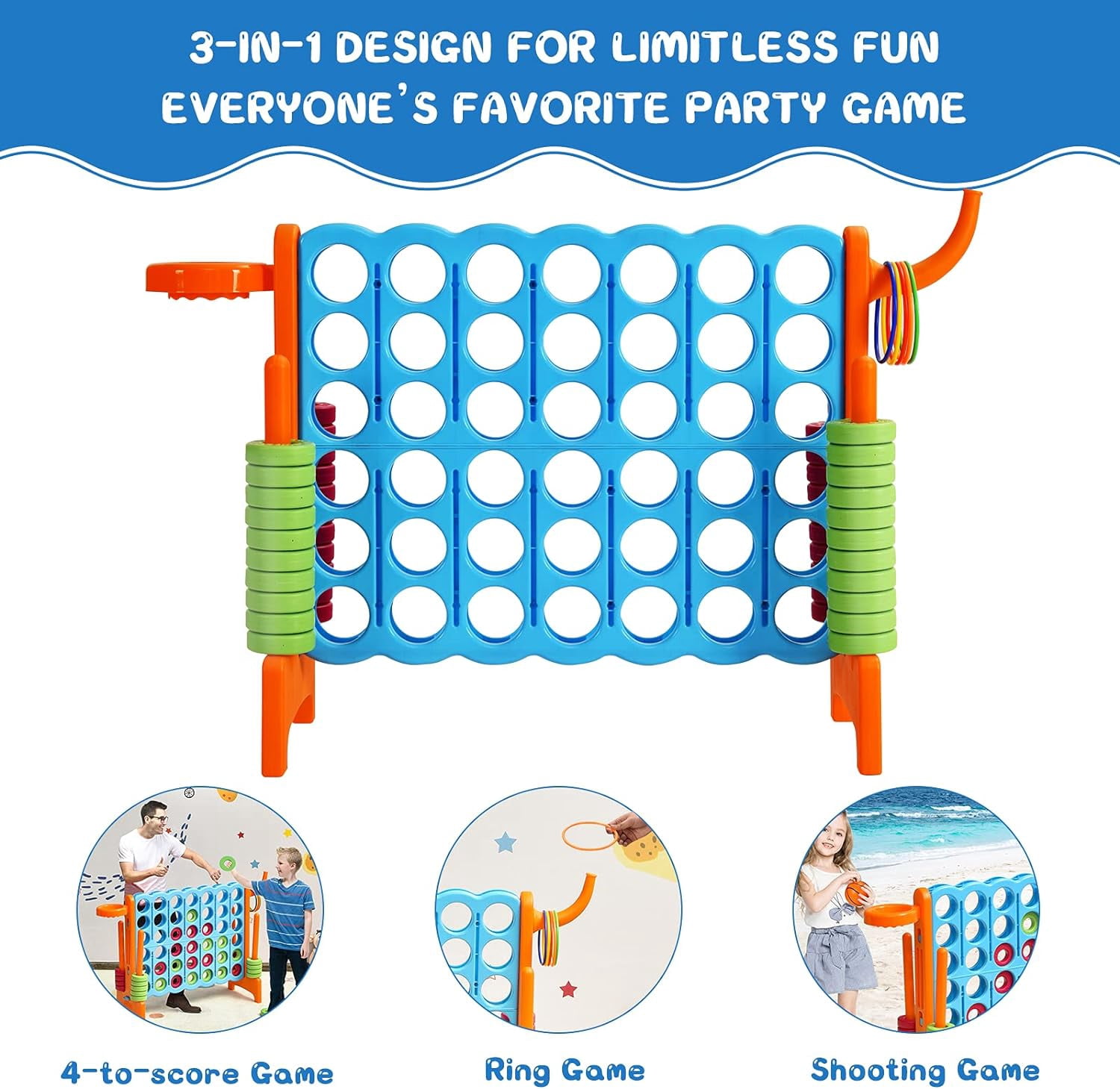 HJTER Jumbo 4-to-Score Giant Game Set for Kids & Adults, 2.5Ft Indoor Outdoor Game with Basketball Hoop, Ring Game, 42 Jumbo Rings, Quick-Release Slider, Perfect for Birth & Holiday Party