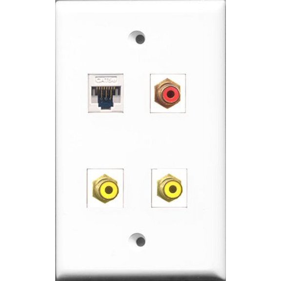 RiteAV 1 Port RCA Red 2 Port RCA Yellow and 1 Port Cat5e Ethernet White Wall Plate