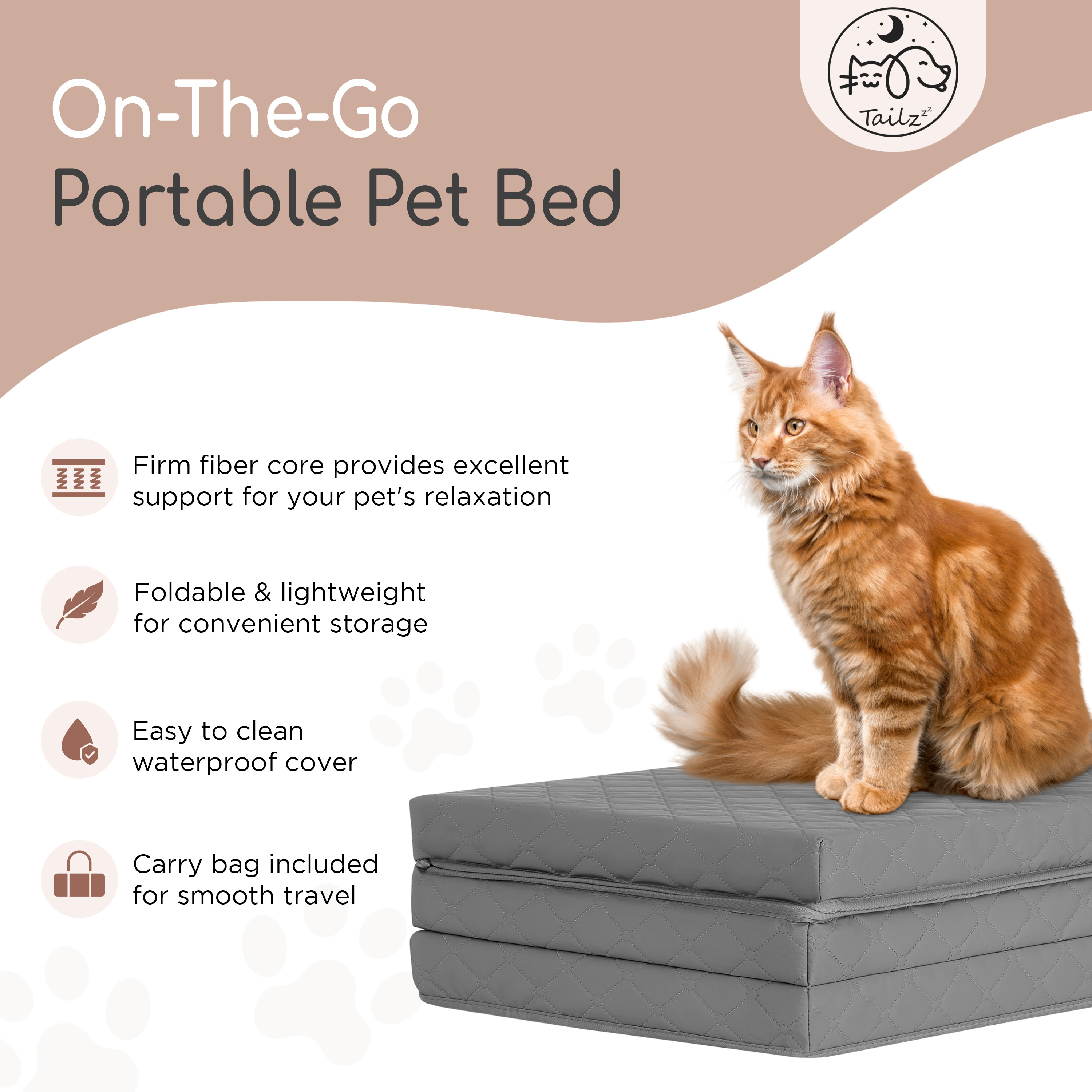 TailZzz On-The-Go Portable Pet Bed, Grey