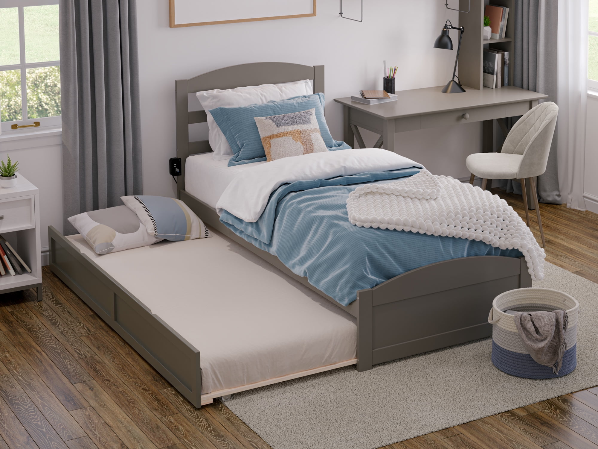 AFI Warren Twin Wood Platform Bed with Headboard Footboard & Twin Trundle, Grey