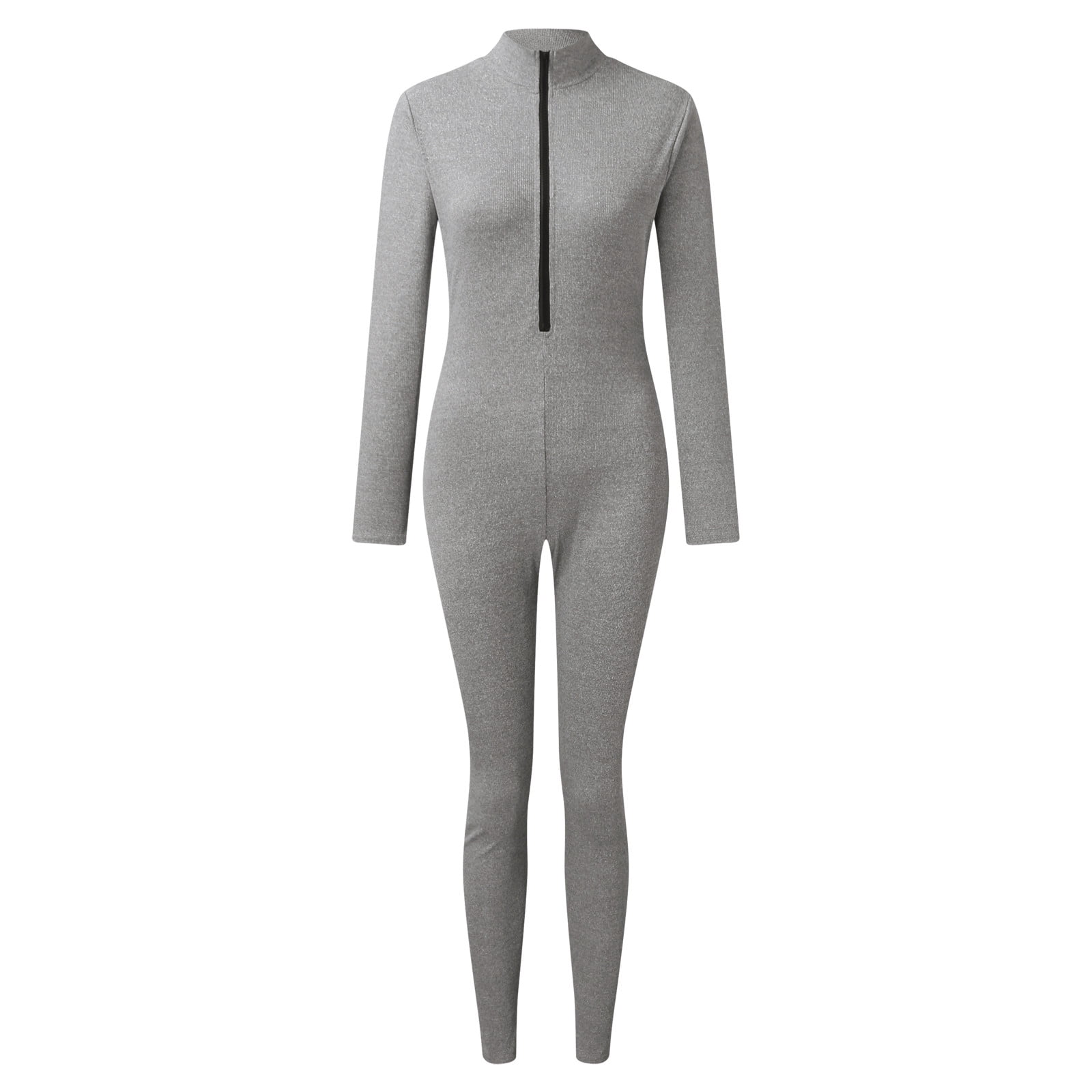 Womens Jumpsuits Zipper V Neck Long Sleeve Bodysuit Catsuit