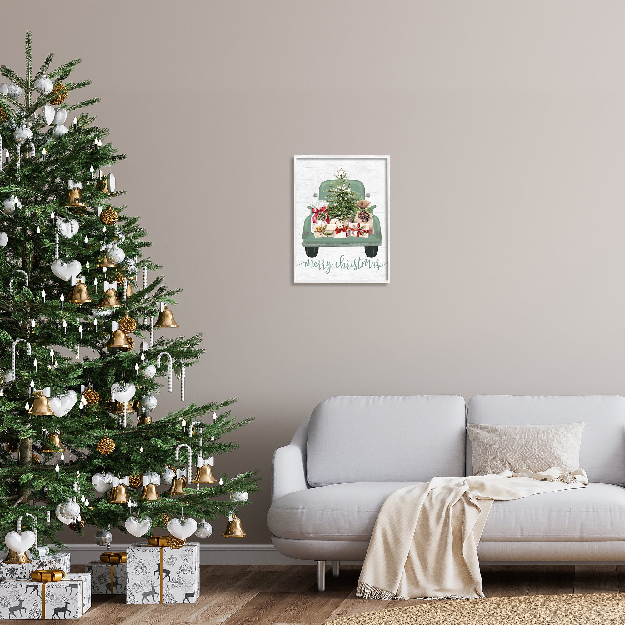 Stupell Industries Merry Christmas Truck Holiday Painting White Framed Art Print Wall Art, 16 x 20