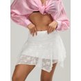 thumbnail image 3 of LMLYSoH Womens Short Skirts Floral Lace Sheer Asymmetric Frill Hem Soft Lined Waist Ruched Mini Low Rise Skirts, 3 of 7