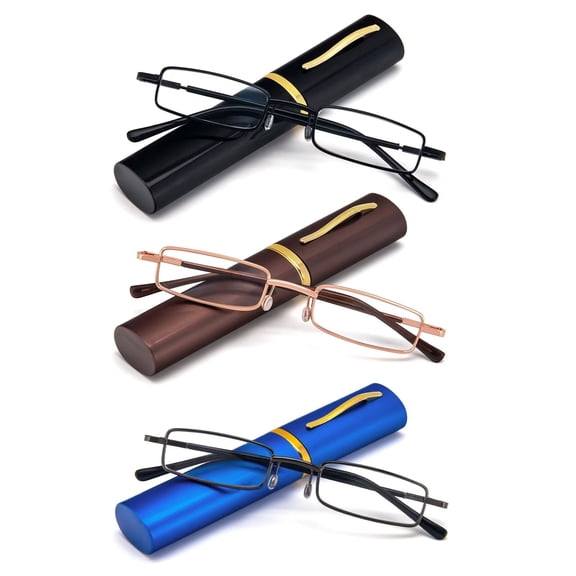 REAVEE 3 Pack Slim Pen Reading Glasses Small Tube Stylish Readers for Men Women Spring Hinged with Portable Clip Case, Black Brown Blue 1.0