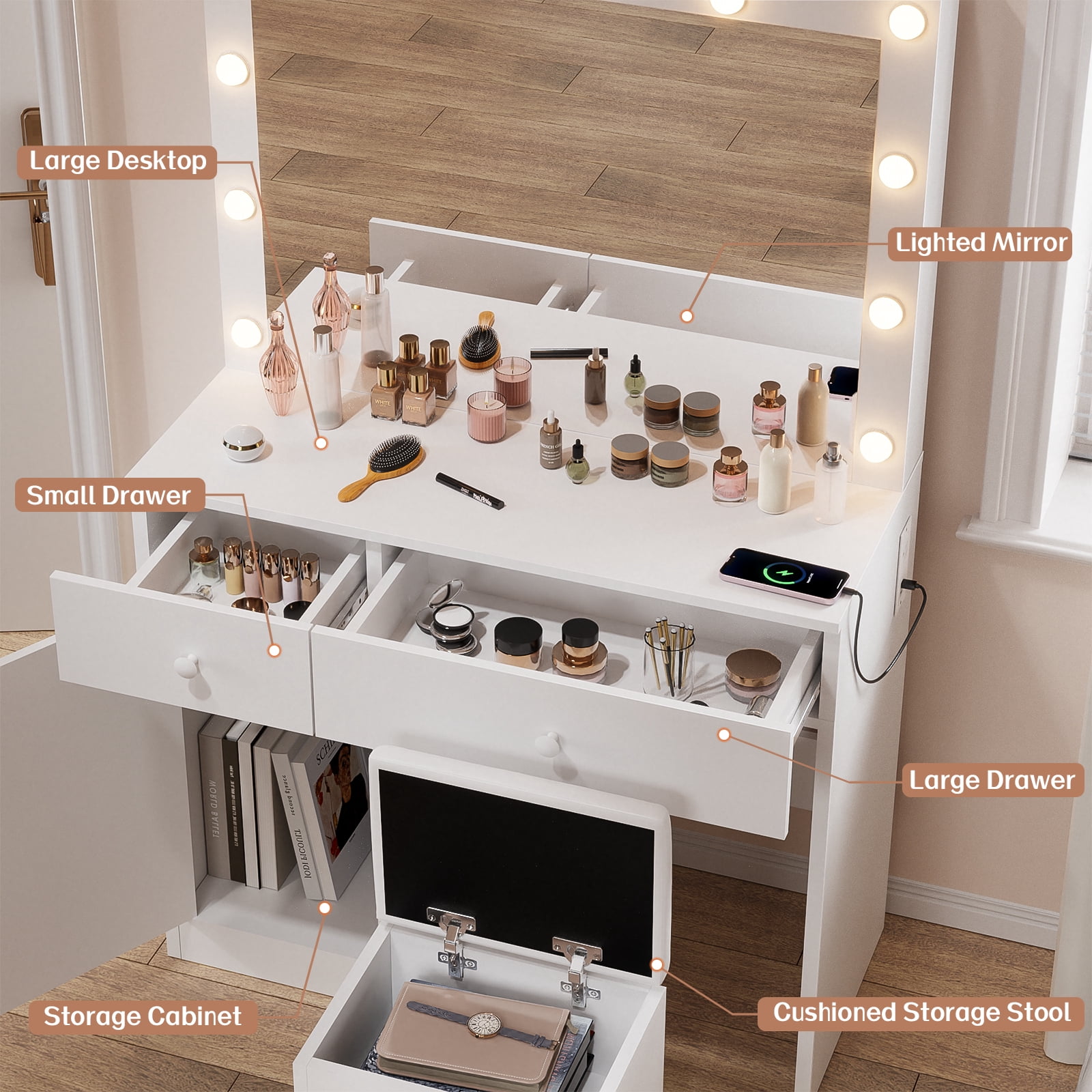 Bexfil Makeup Vanity Desk with Mirror and Power Outlet, White Vanity Desk Set with 3 Color Light Options Adjustable Brightness, Big Vanity with 2 Drawers, 1 Storage Cabinets
