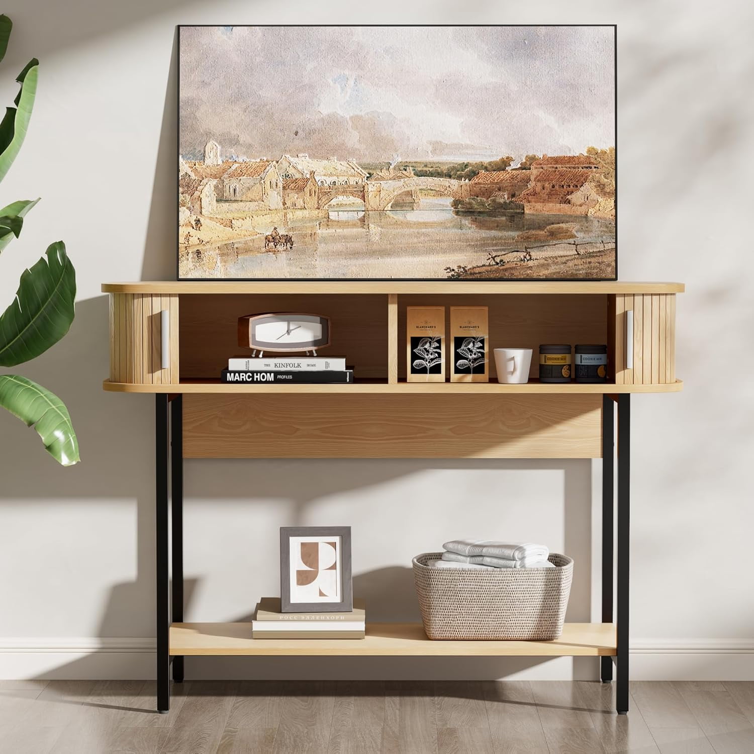 ECOTINY 40" Mid-Century Modern Entryway Table, Ultra Slim Fluted Console Table with Sliding Doors & Storage, Rounded Corner Wooden Sofa Table for Hallway & Living Room, Natural