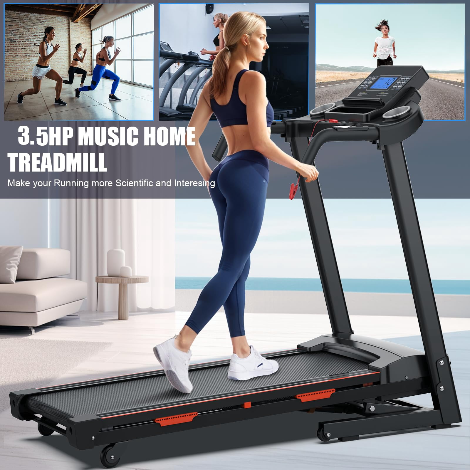 OBENSKY 15% Auto Incline Treadmills 400LBS, 3.5 HP Heavy Duty Treadmill for Home, Walking Folding Machine, Wide Belt, 0.5-8.5MPH, Bluetooth, APP