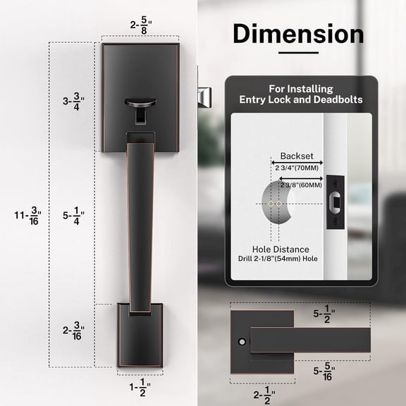 Front Door Handle with Modern Lever, Oil Rubbed Bronze Exterior Entry Door Handle No Lock, Reversible for Left & Right Handed Door, Lower Half Grip