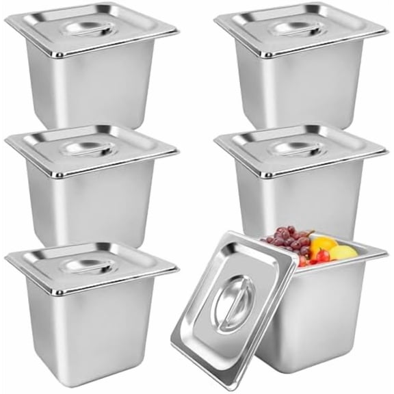 6 Pack Stainless Steel Pans with Lids - 6 Inch Deep, Anti Jam, Steam Table Pans for Restaurant Buffet & Party Supplies